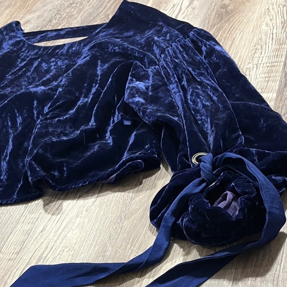 Free People Tops - Free People Elegant Velvet Navy Blue Blouse with Bow Detail New Size small